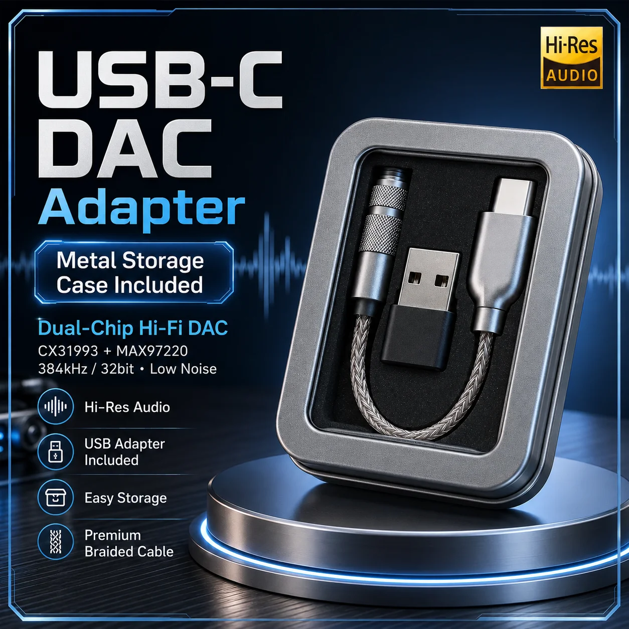 Фото Конвертер для внутриканальных наушников USB‑C с ЦАП, усилитель для наушников, двухчиповый декодер Hi-Res с низким уровнем шума для воспроизведения звука на телефонах и ноутбуках. №2