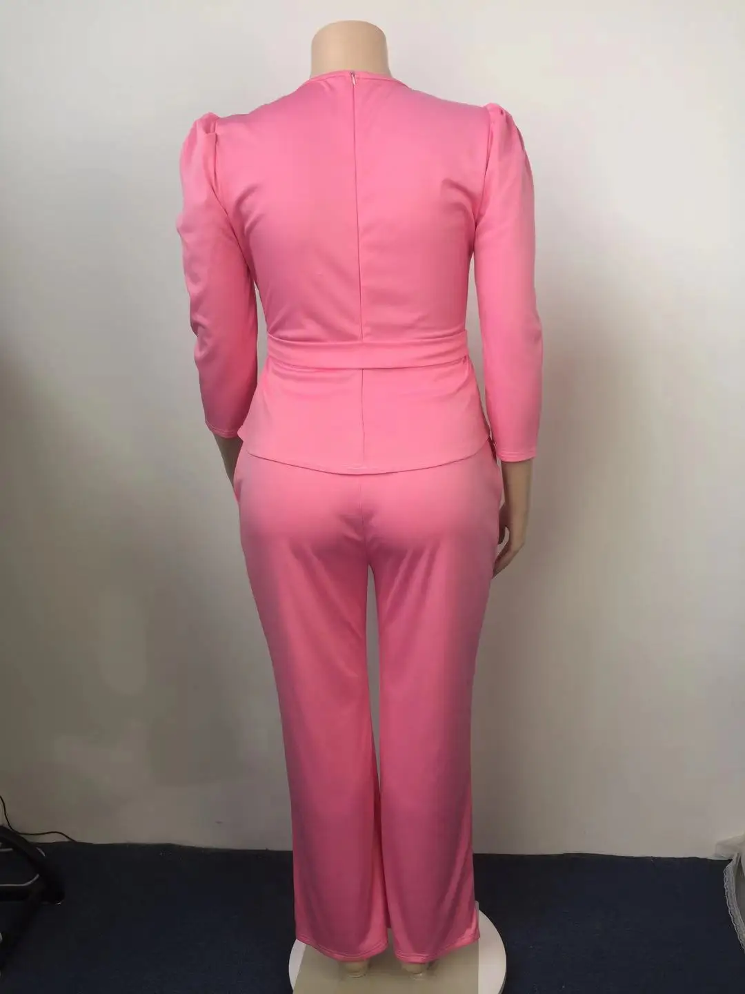 Plus Size Women Clothing Solid Ribbon Long Sleeved Trousers Large Two Piece Set Women Office Lady Woman Clothes Outfits O-Neck