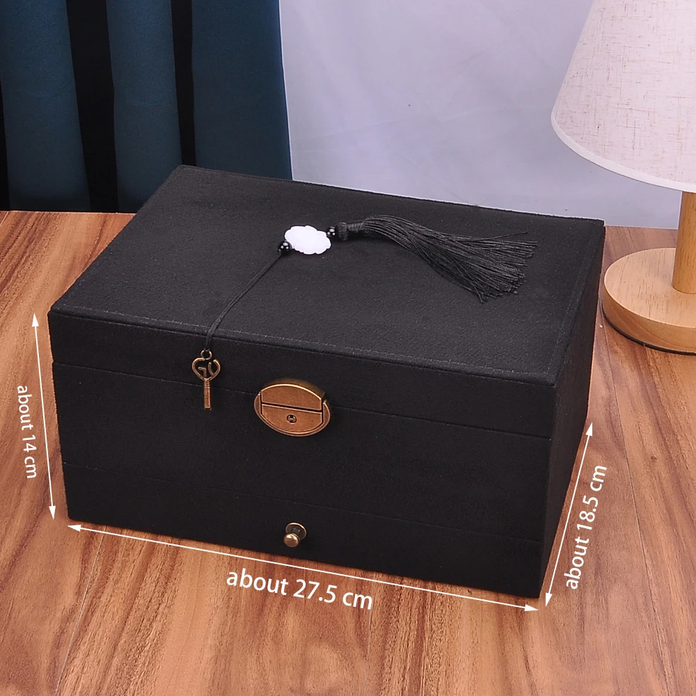 Women Jewelry Box Storage Velvet Big Rings Earrings Makeup Case Necklace Holder Organizer Lock Key Bangle Watch Jewel Display