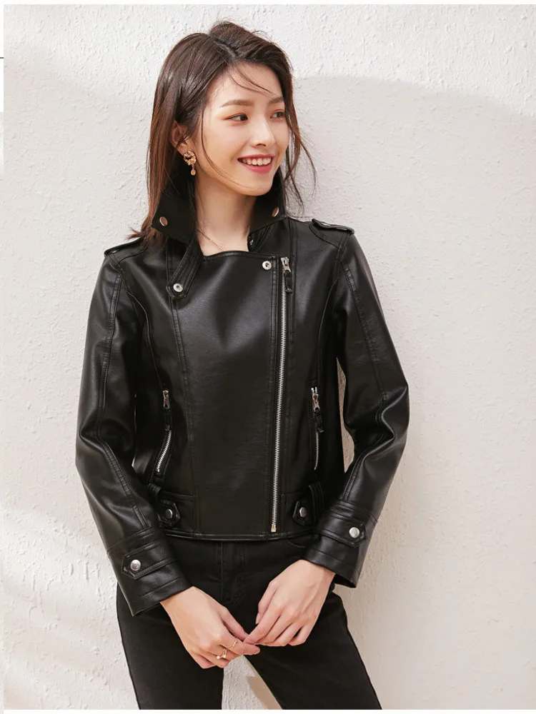 

Women's 2023 Spring and Autumn New Short Fit PU Leather Jacket Korean Version Slim and Versatile Motorcycle Wear