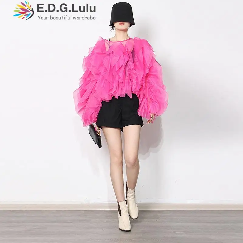 

EDGLuLu Fashion Design Petal Sleeve Chiffon Long Sleeves Blouse Black Shirt Women Sexy Casual Tops Party Streetwear Outfits 0528