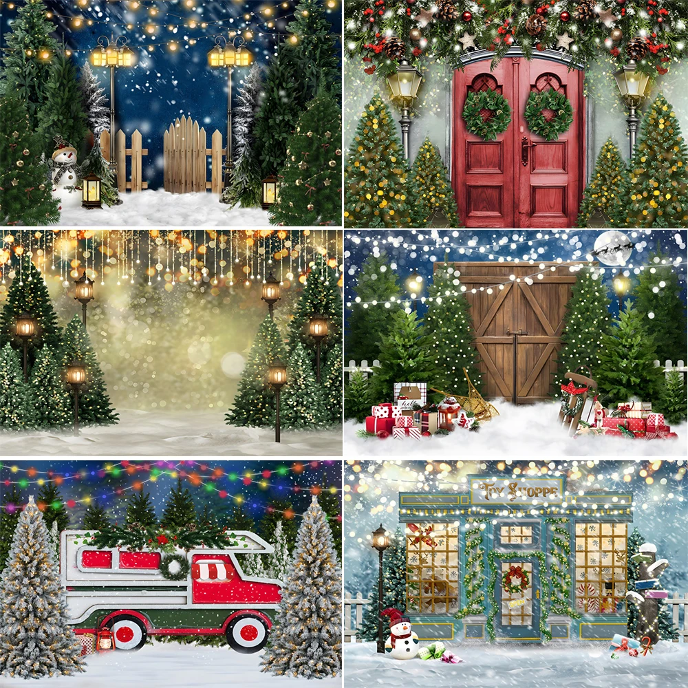 

Фон для фотосъемки с изображением снежного леса сосновой елки двери рождественской елки грузовика детская фотозона фотографические фоны д...