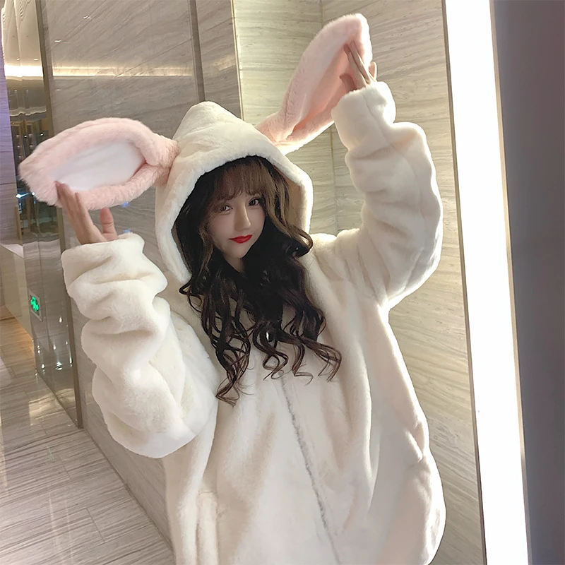 Hooded Warm Parkas Kawaii Harajuku Couple Hoodies Cute Rabbit Ears Black Outwear Women Sweet Korean Loose Warm Plush Coats Y2k