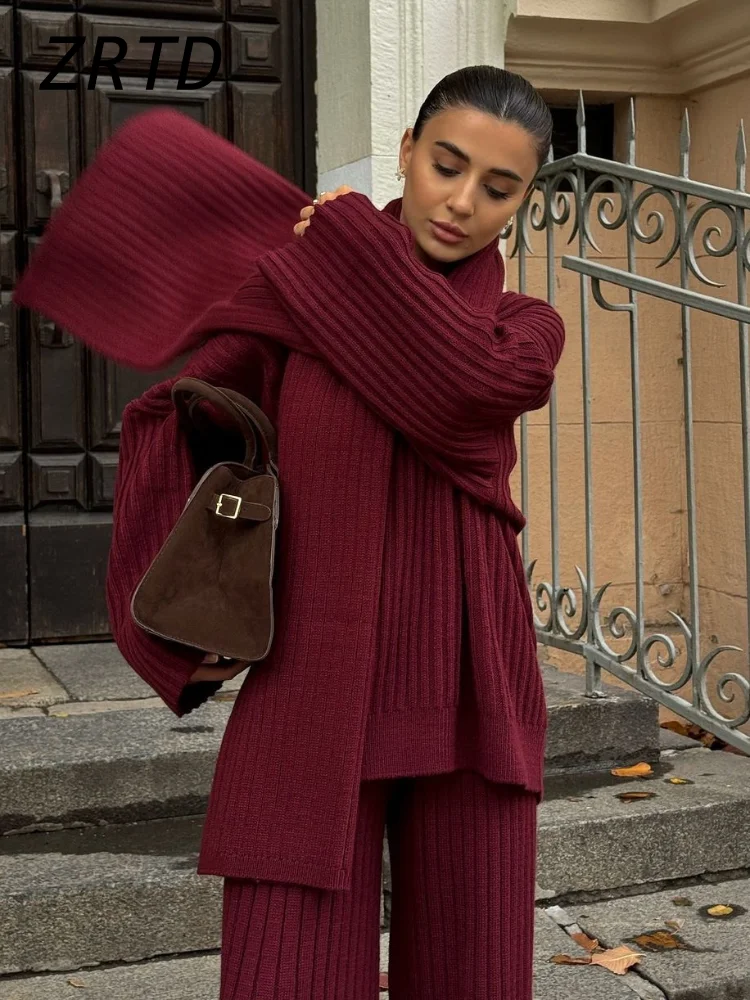 Уличный женский бордовый свитер комплект брюк с шарфом вязаный пуловер в рубчик