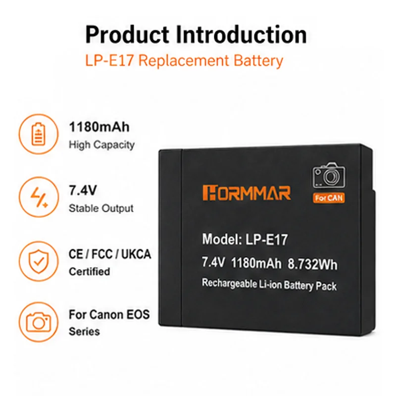 Фото Аккумулятор для камеры LP-E17 1180 мАч, высокая емкость, 7.4V Li-ion, перезаряжаемый, для Canon EOS R50, R10, R8, RP, M6, 800D, 850D №2