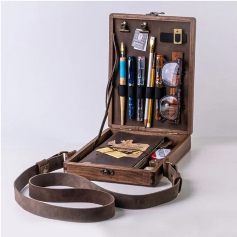 

Retro Walnut Writers Messenger Wooden Box A5 Travelers Notebooks Pencil Box For Artist and Brush Storage With Locking Clasp 2022