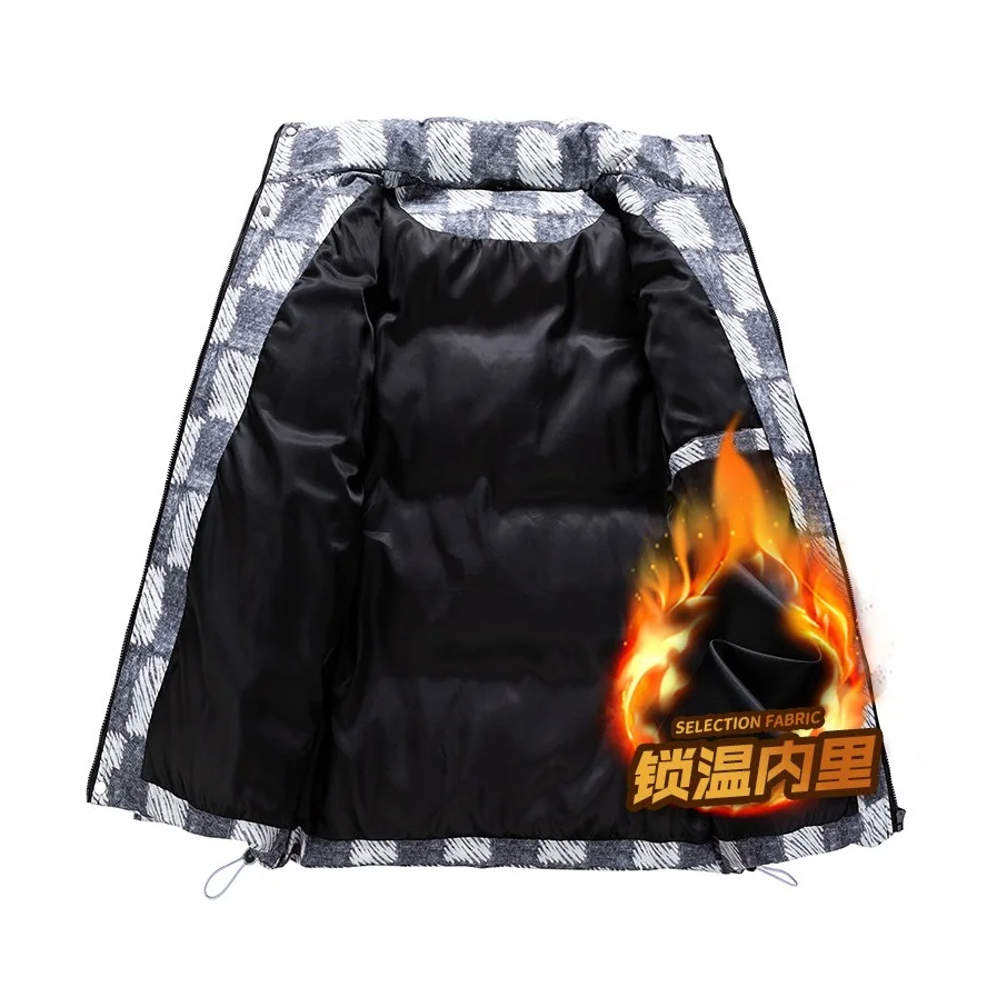 Winter Coat Men 2022 Thickened Checkerboard Thermal Jacket Fashion Printed Stand Collar Cotton Jackets Outdoor Sports Jacket