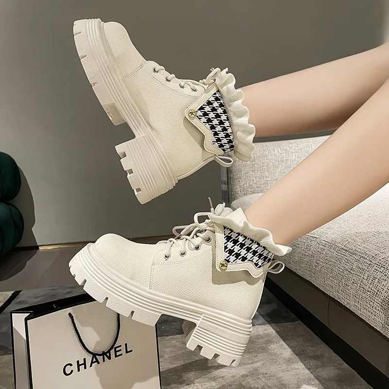 

New Front Lace Ankle Boots for Spring and Fall 2022 Uk-style Vintage Boots for Women with Platform Lifts By Botas Mujer