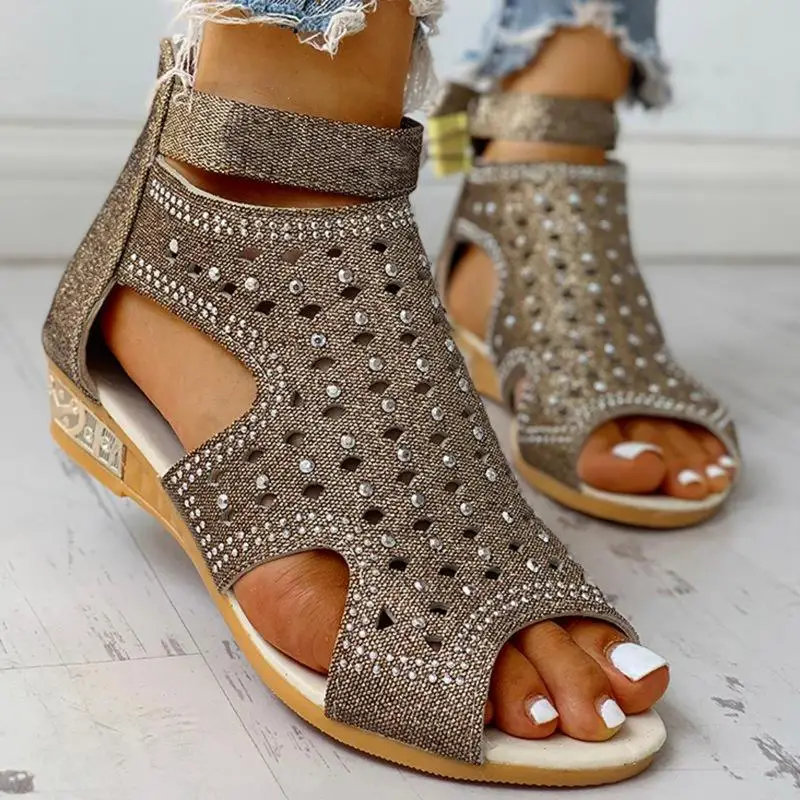 

Women Summer Cutout Roman Sandals Fish Mouth Rhinestone Ladies Fashion Open Toe Sandal Outdoor Zipper Female Casual Sandals 2023