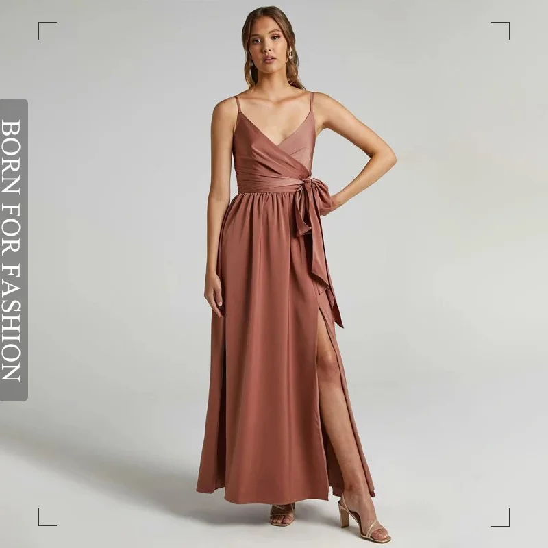 

Elegant Spaghetti Strap Skinny Lace Up Satin Maxi Dress Women Sexy V Neck Belt High Waist Split Casual Dress Summer Outfits Lady