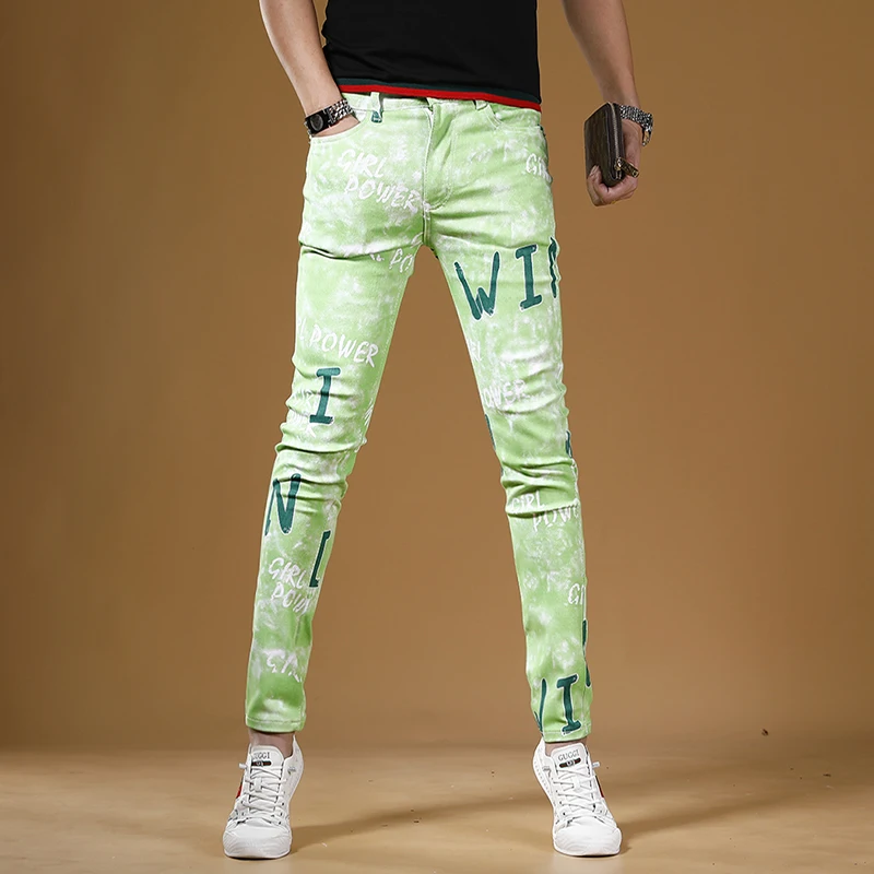 Summer Men Fashion Printed Green Jeans Streetwear Casual Slim Fit Straight Pants Korean Style Digital Printing Denim Trousers