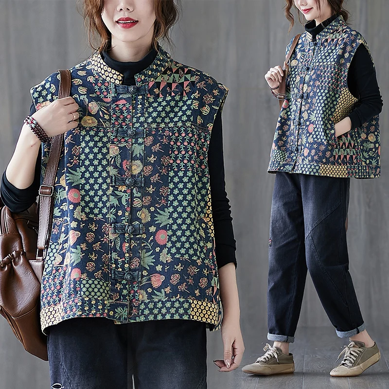 

Korean Spring And Autumn Literature And Art Retro Cowboy Waistcoat Loose Vest Jacket Versatile Printing Fashion