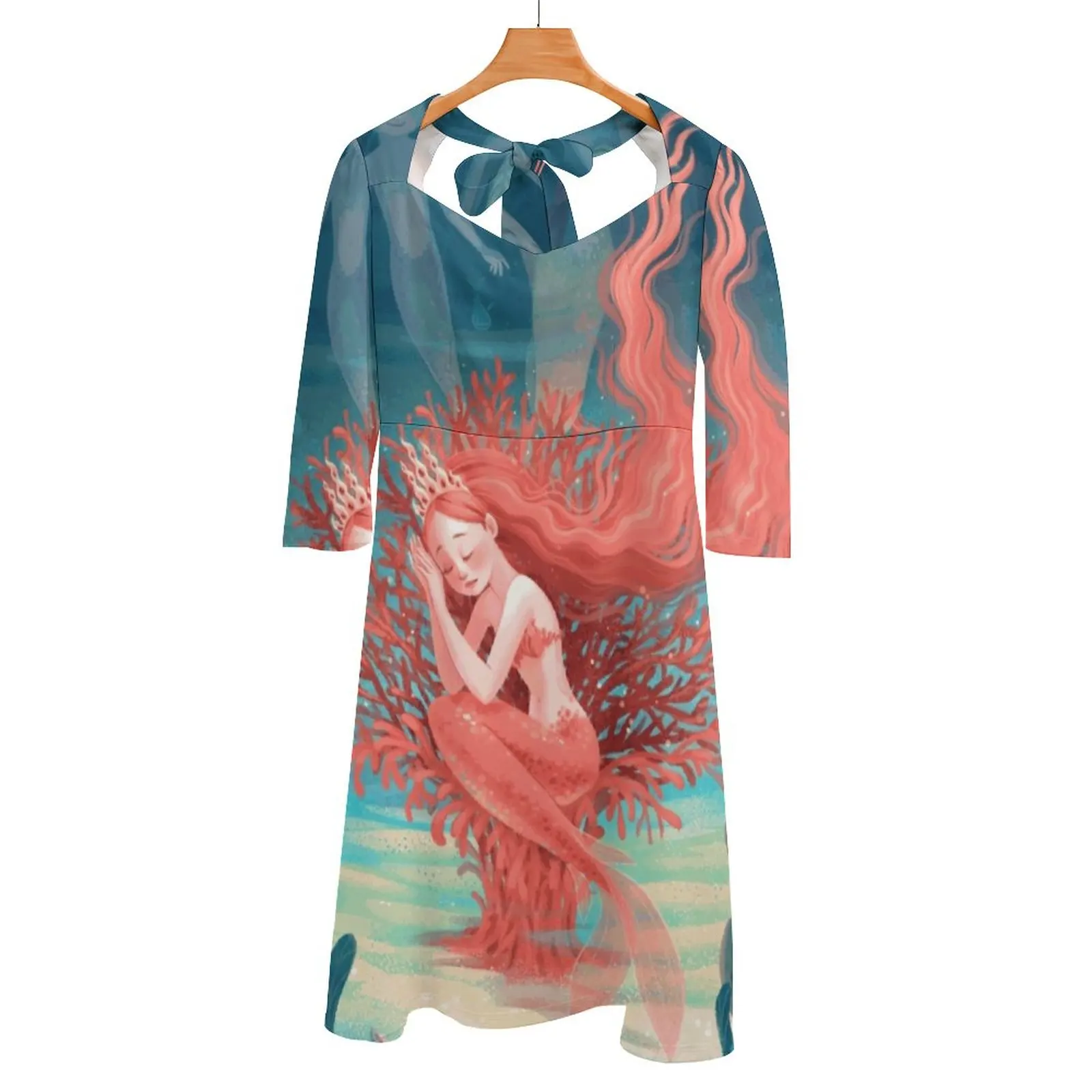 

Living Coral Back Lacing Backless Dress Women Kawaii Square Collar Dress 6Xl Little Mermaid Andersen Literature Fairytale Siren