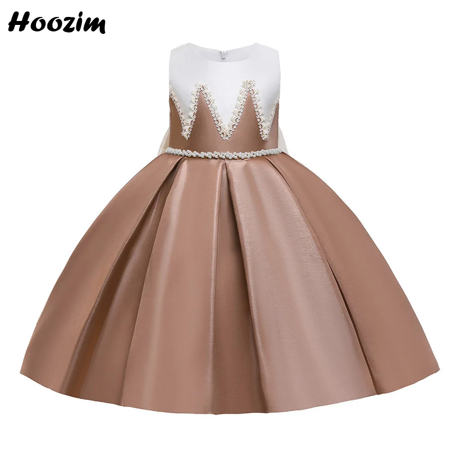 Princess Pearls Elegant Prom And Birthday Party Dress Girls 4 To 10 Year Brown Color Block Back Bow Pageant And Gala Frock Child