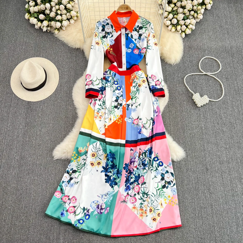 

A Long-sleeved Round Neck with a Slimmer Waist and an Elegant Single-breasted Printed Dress