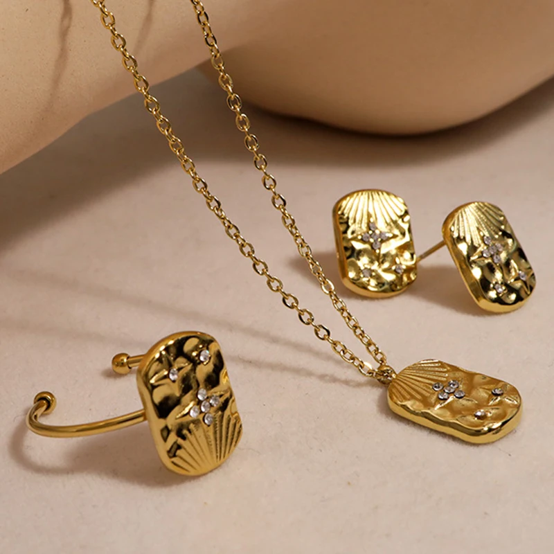 

Vintage Classic Gold Jewelry Sets for Women Trendy Personality Star Stainless Steel Stud Earrings Opening Rings Choker Necklace