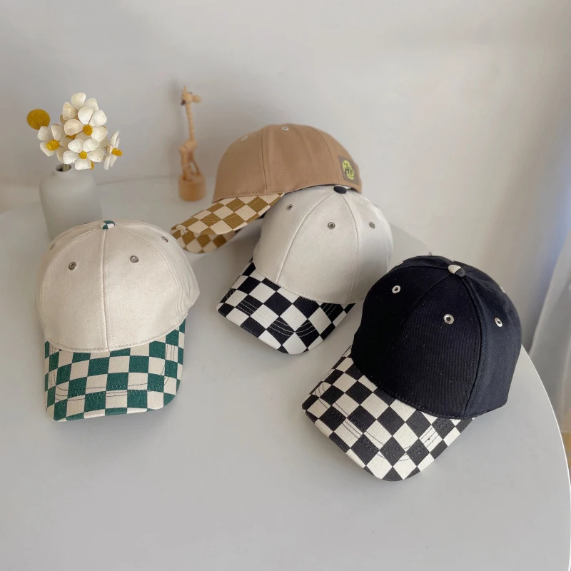 

2022 New Korean Fashion Children's Baseball Cap Spring Summer Sun Hat Cotton Bicolor Plaid Print Snapback Hats for Girls Boys