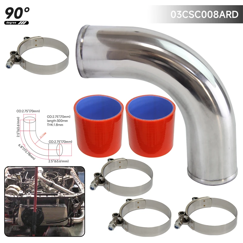 

90 градусов, 70 мм, 2,75 дюйма, алюминиевая труба для интеркулера + силиконовый шланг с Т-образными зажимами, черный/синий/красный