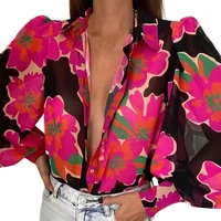 hot%ef%bc%81turn down collar wide cuffs shoulder pleating women shirt lantern sleeve floral print vintage shirt ladies clothing