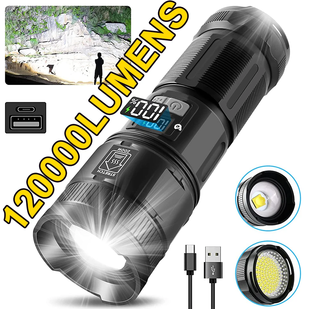 120000 Lumens Super Bright LED Flashlight Rechargeable Type C 9000 mAh XPH90 COB Torch Light with Digital Display for Outdoor