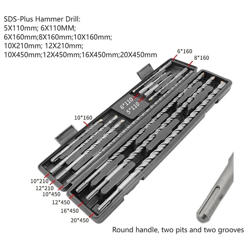 Promotion! 11Pcs SDS Electric Hammer Drill Bits YG8C Carbide Steel Flat Head Masonry Bit Set 10X160-20X45 |