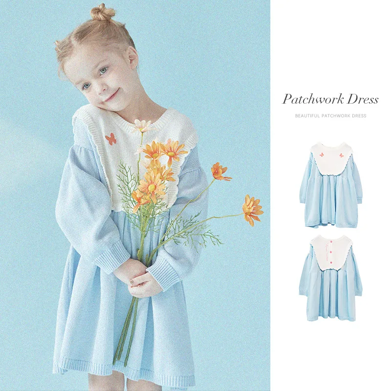 

Girls Dress 2022 Spring And Summer New Navy Collar Princess Skirt Knitted Long Skirt Cotton Stitching Skirt Children's Clothing
