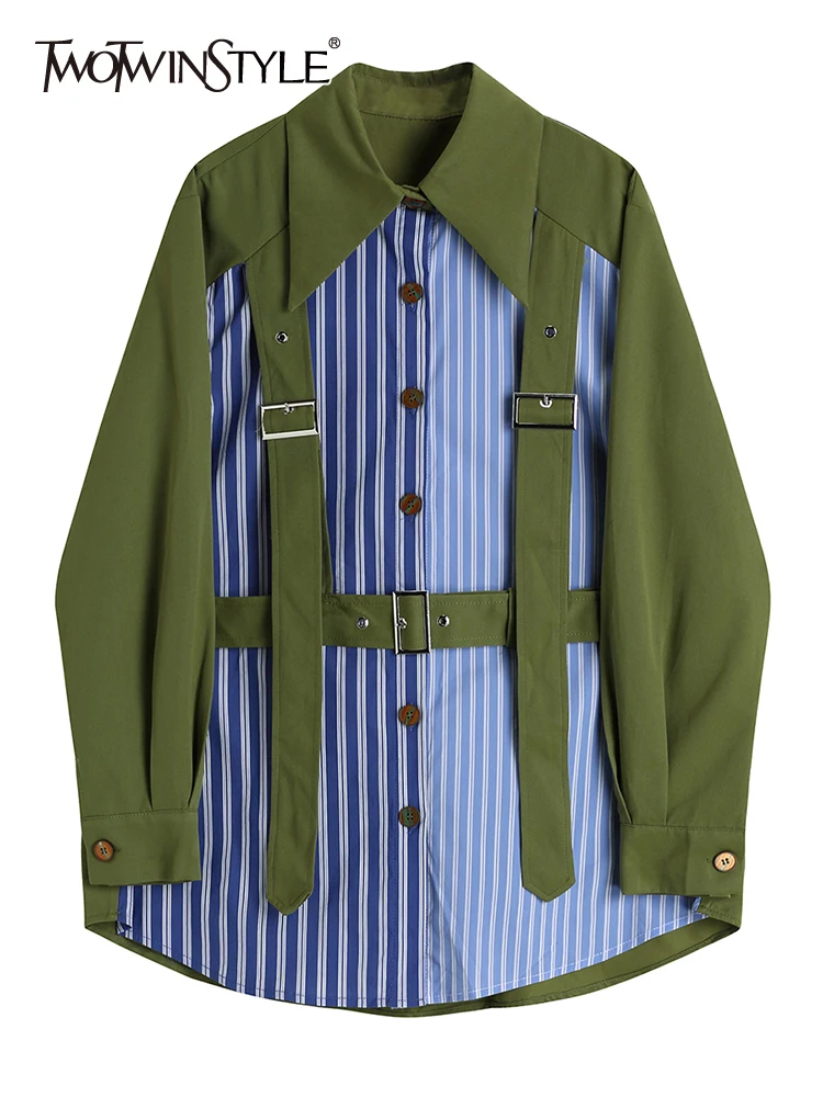 

TWOTWINSTYLE Straight Shirt For Women Lapel Long Sleeve Patchwork Colorblock Striped Blouses Female Clothing Fashion New 2022