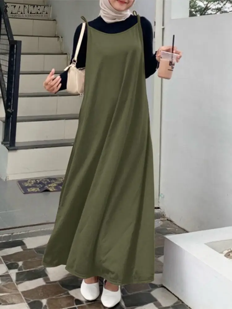 

Платье ZANZEA женское на бретельках, мусульманский Модный Элегантный Макси Сарафан без рукавов, с круглым вырезом, модель Eid Mubarek