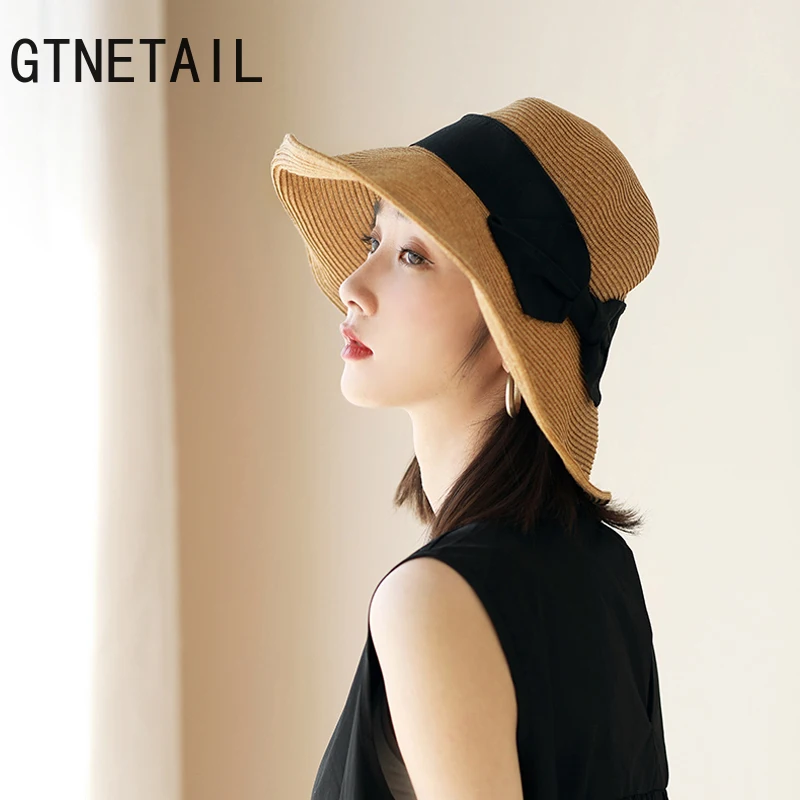 

French Style Women Summer Sun Hat Beach Straw Nature Color Bow Ribbon Cap Temperament Flat Collapsible Outdoor