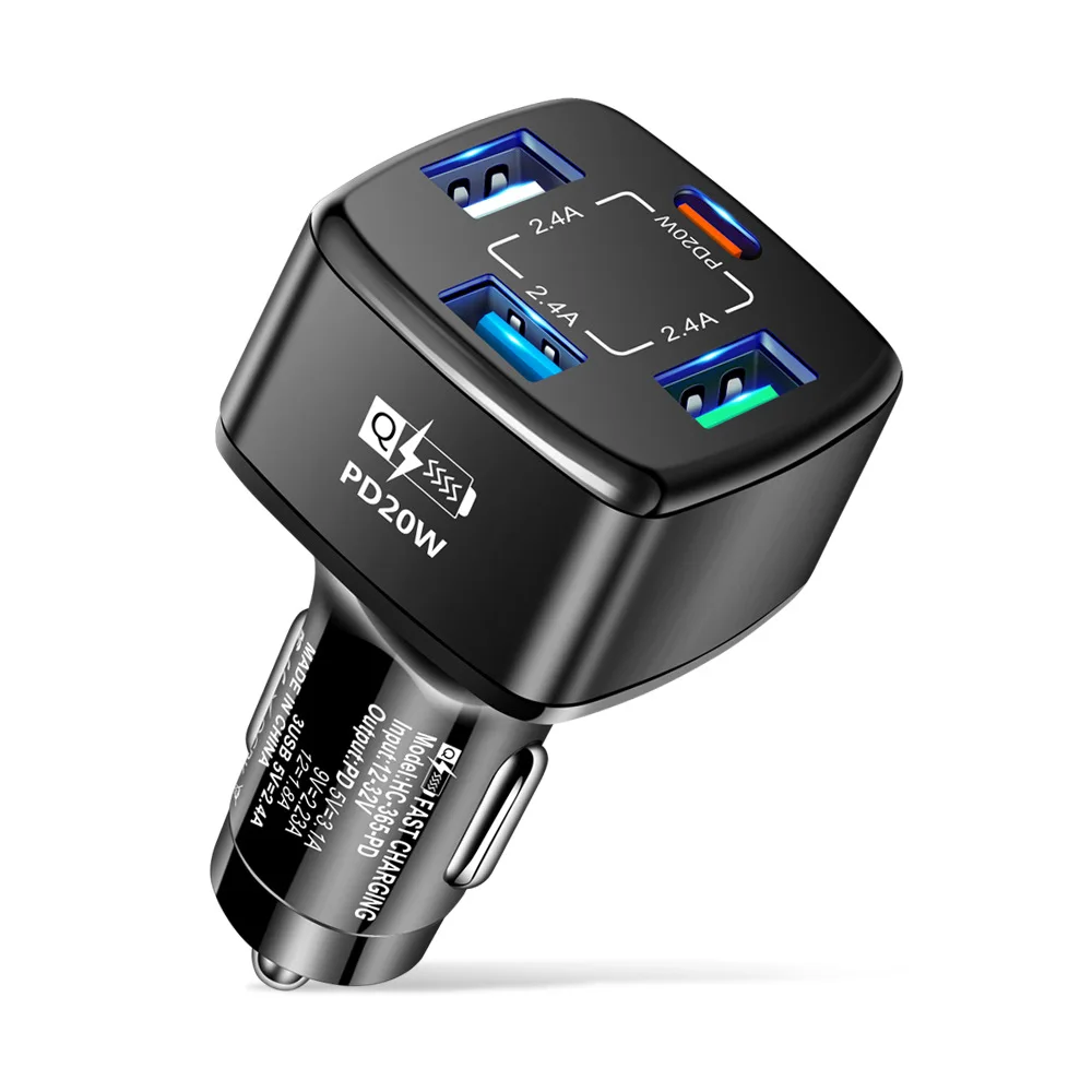 

Fast Charging PD20W Cell Phone Car Charger 2.4A 3USB+PD 4-in-1 Cigarette Lighter Fast