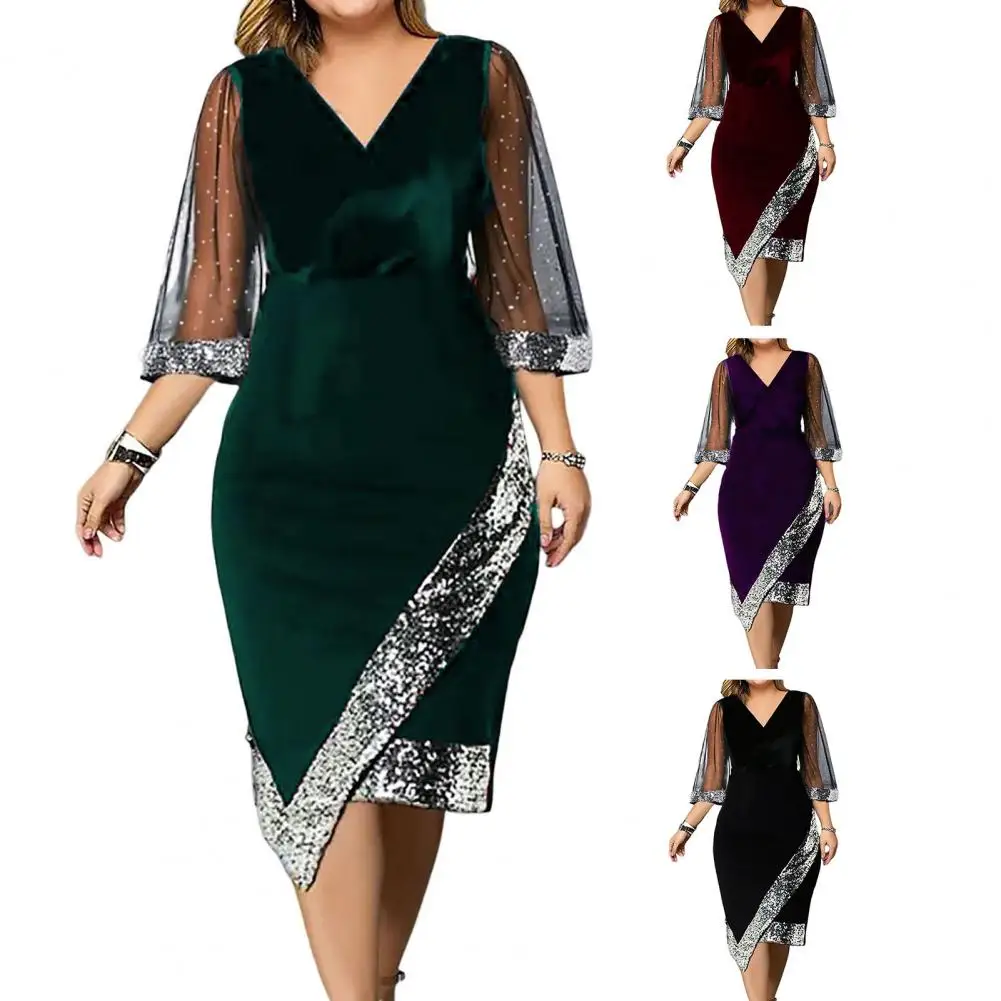 

Evening Dresses Women Midi Sequin Mesh 3/4 Sleeve Lace Robe Femme Elegant Bodycon Dresses for women Vestidos فساتين مناسبة رسمية