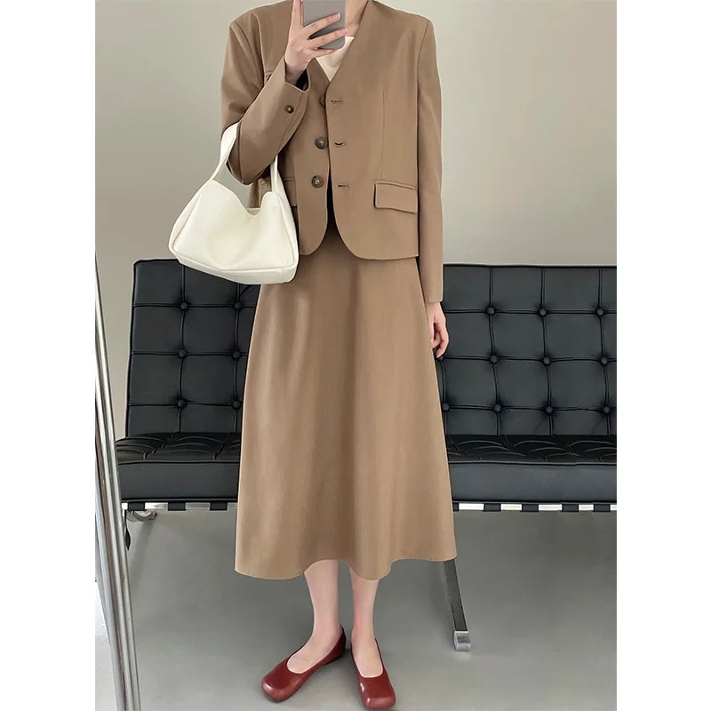 

V-neck Khaki Blazer Coat + High Waist Skirt Spring Women Two-piece Set