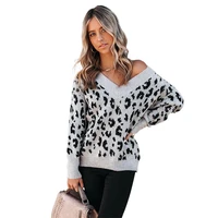 women sweater long sleeve v neck off shoulder leopard print pullover loose casual 2022 female new spring autumn fashion wild top