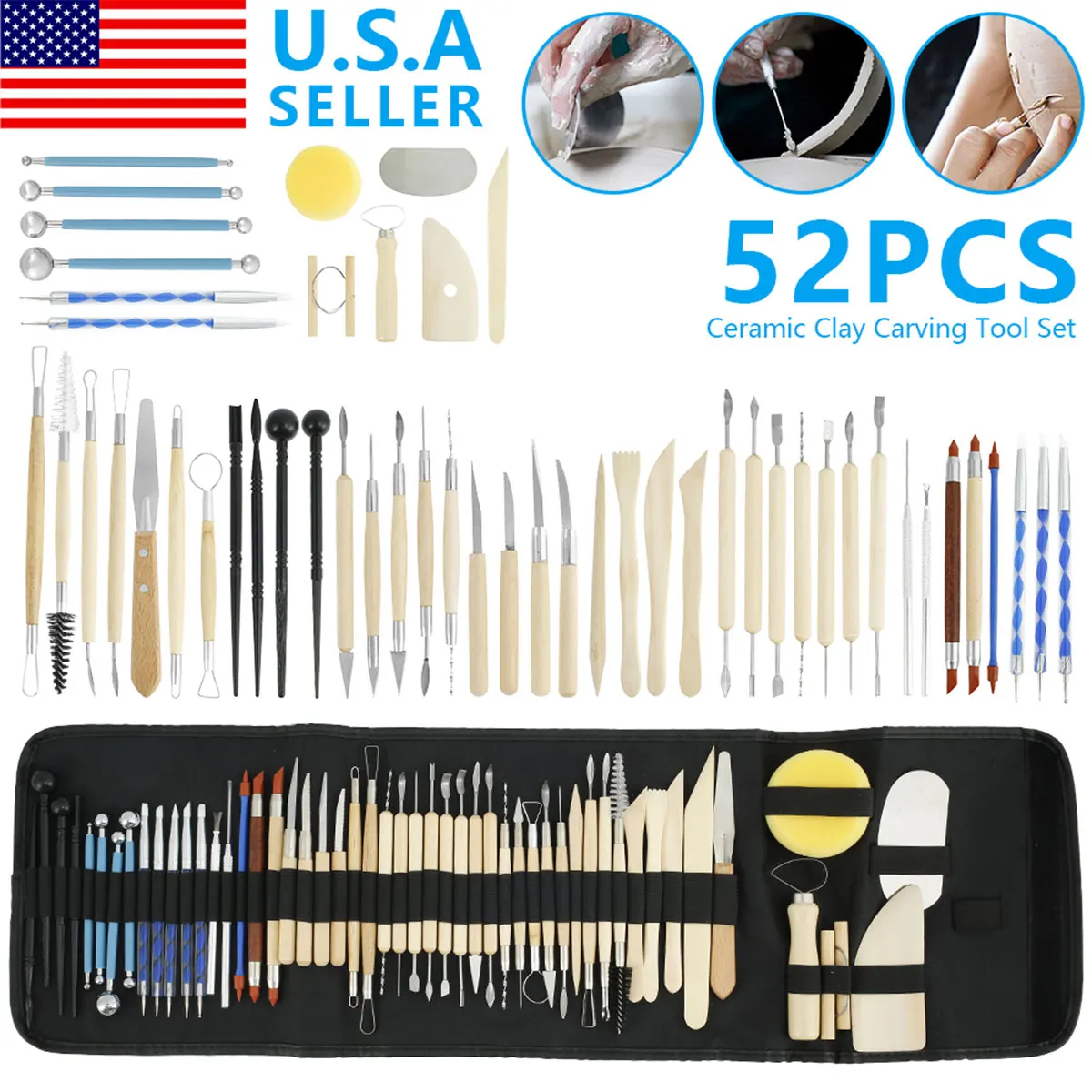

New52Pcs Pottery Clay Sculpting Tool Double Sided Pottery Clay Modelling Tool Professional Portable Ceramic Clay Carving Tool
