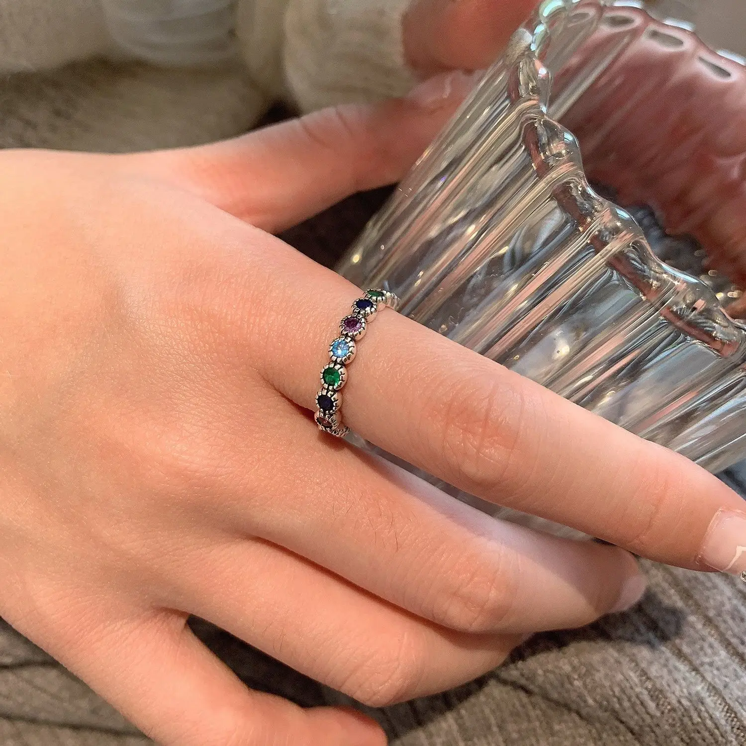 

New Trend Colorful Small Zircon Beads Inlaid Mini Rings For Women Korean Japanese Fashion Jewelry Gift