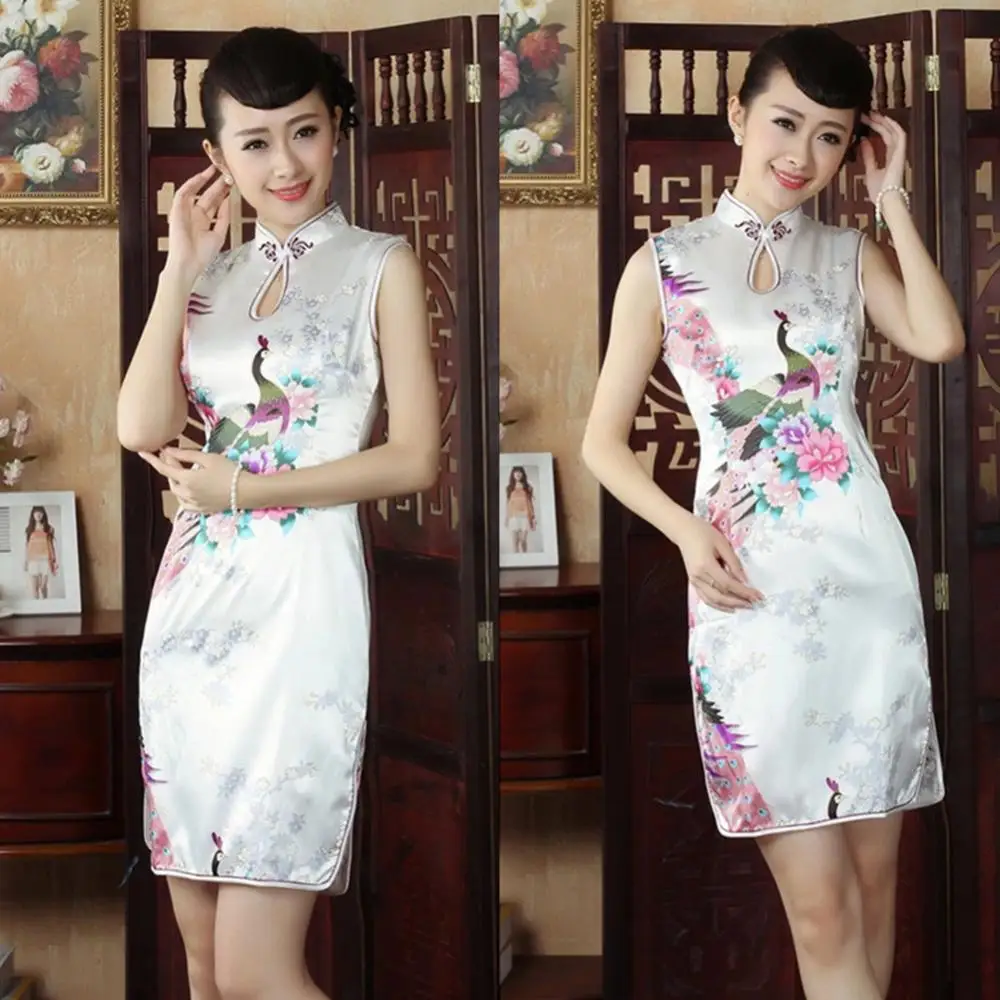 

Dress Mini Dress Sleeveless Mini Women Chinese Peacock Print Side Slitting Hem Cheongsam Dress