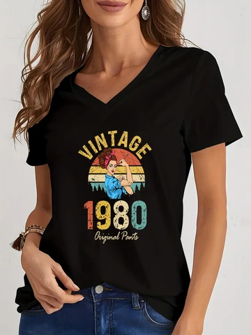Женская Винтажная футболка с V-образным вырезом, свободные топы на день рождения, футболка с принтом для женщин, свободная летняя футболка в стиле Харадзюку с коротким рукавом, 1984