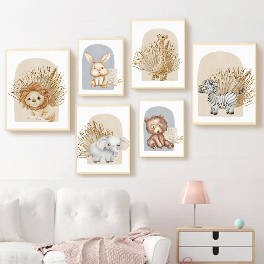 

Elephant Lion Zebra Giraffe Bear Rabbit Nordic Poster Cute Cartoon Animal Wall Art Canvas Painting Wall Pictures Kids Room Decor
