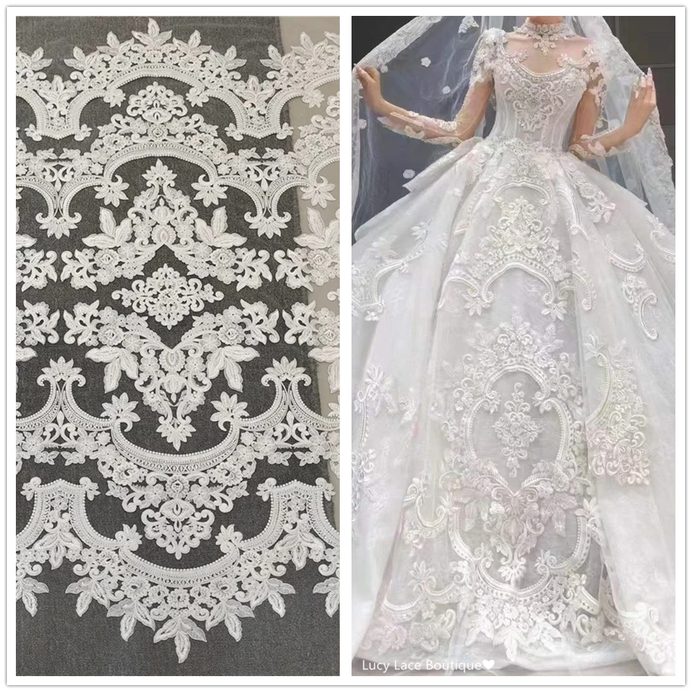 

Off White Rayon Embroidered Tulle Lace Fabric Wedding Gown Material with Sequins Luxury