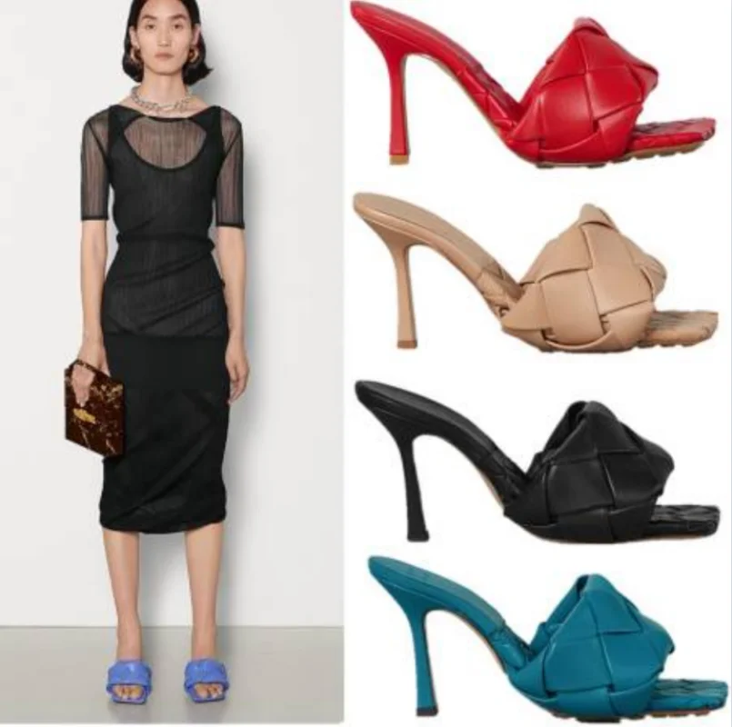 2023 Summer High Heel Banquet Walk Show Women's Sandals Square Headed Woven 9cm Slim Heel Sandals Women Small Heel