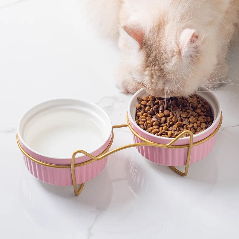 Ulmpp Cat Bowl Ceramic with Metal Stand Elevated Pet Feeder Kitten Puppy Food Feeding Raised Dish Safe Non-Toxic Dog Supplies