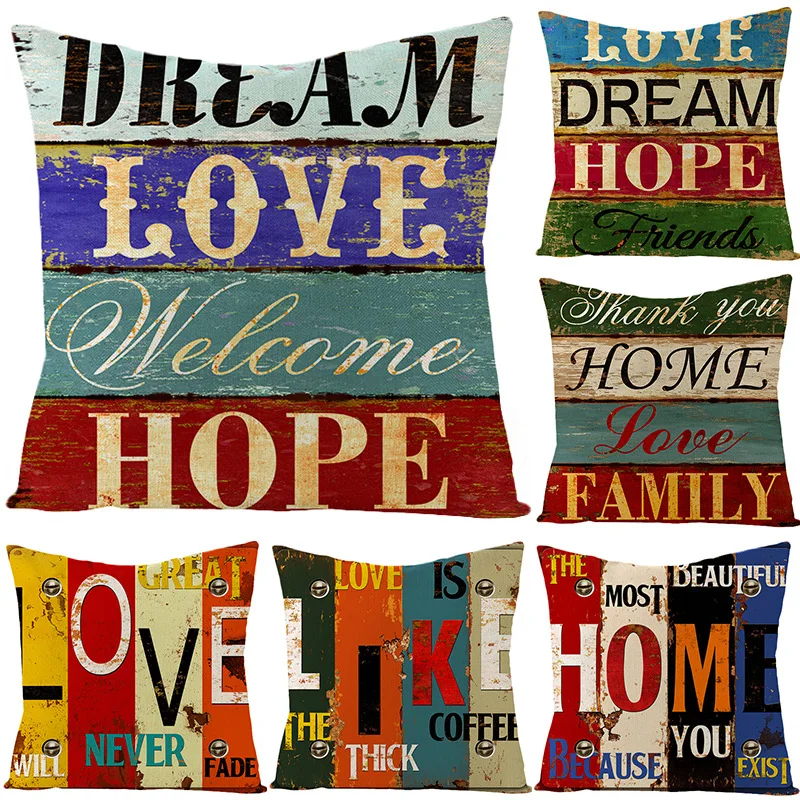

Retro Style Square Pillow Cover 45 x 45cm Colorful Letters Printed Pillowcase Home Decorative Cushion Cover for Living Room
