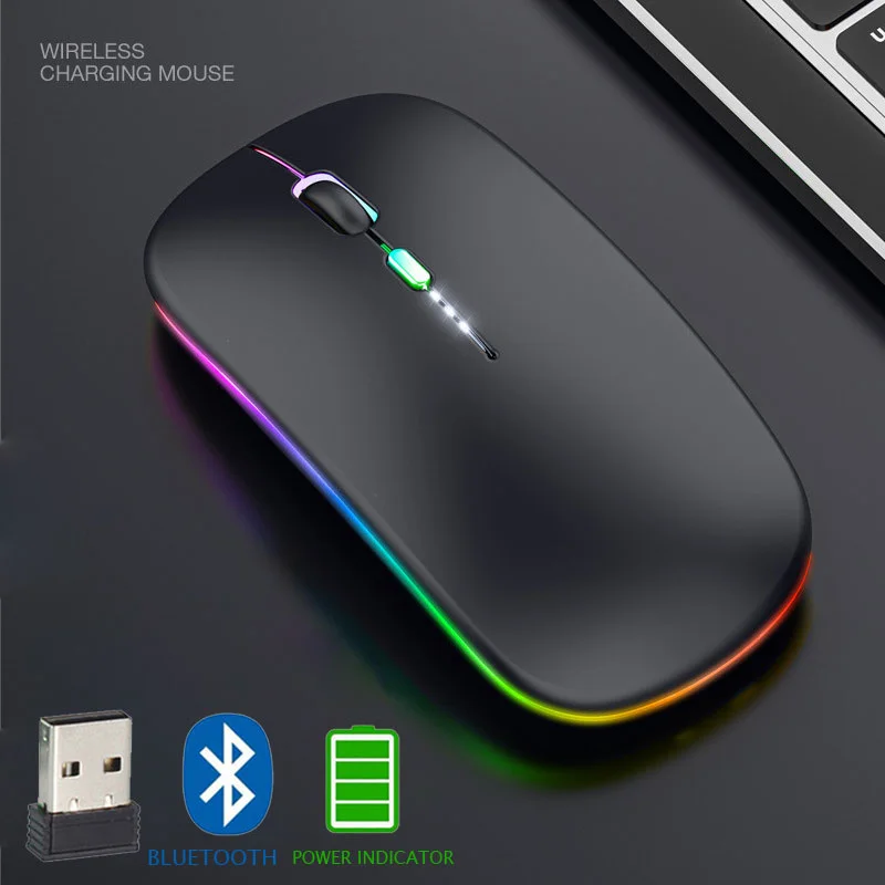 

2023 Bluetooth 5.0 Wireless Mouse For Laptop Computer PC Gaming Mouse 2.4GHz With USB Rechargeable RGB Light Power Indicator New