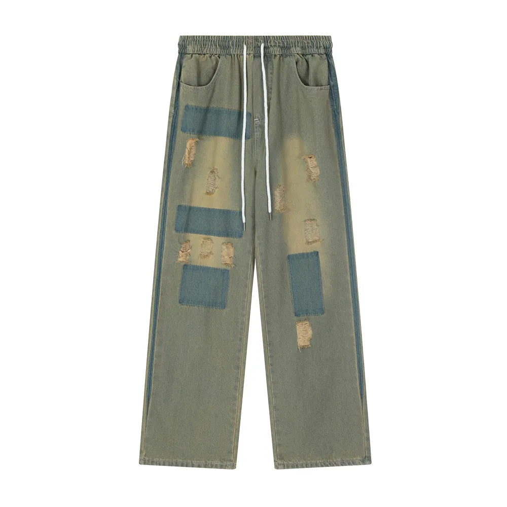 2023 Vintage Denim Pants Men Streetwear Retro Patchwork Ripped Hole   Denim Pant Jeans HipHip Casual Joggers Trousers Jeans