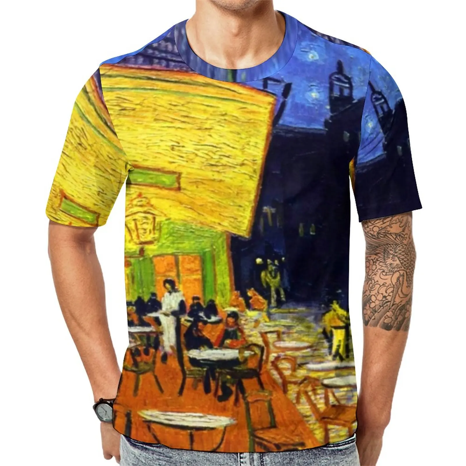

Футболка с изображением кафе, террасы ночью, винтажные футболки Ван Гога, футболка с коротким рукавом и принтом, оптовая продажа, летняя повседневная одежда оверсайз