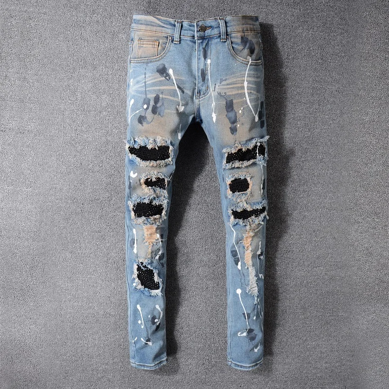 

Джинсы Rhinstone мужские стрейчевые, хлопковые брюки скинни в стиле ретро, рваные модные рваные джинсы с дырками, большие размеры