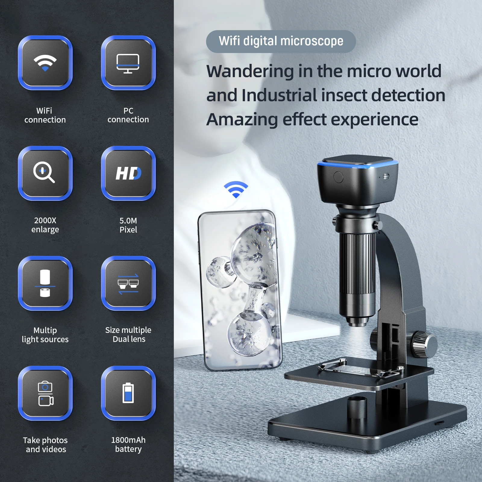 Biological HD Microscope 8PCS Accessories+ electronic eyepiece monocular Student laboratory Lab education LED USB+wifi 2000x