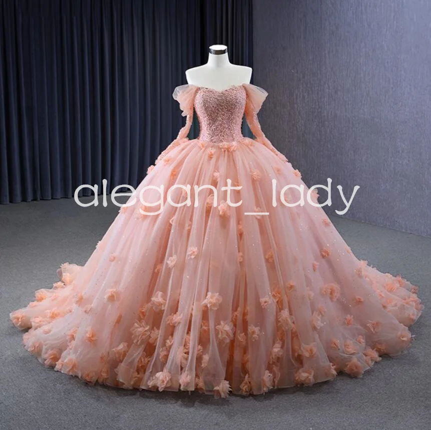 

Orange Pink Long Sleeve Quinceanera Dresses Tulle Beaded Applique Off Shoulder Corset Sweet 15 vestido de quinceañera rosa