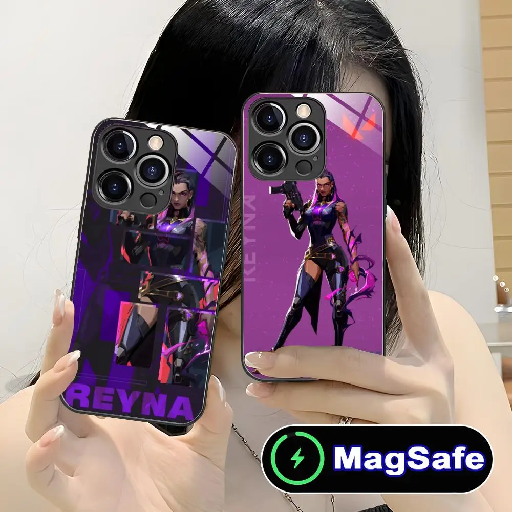 Фото Game Valorant Reyna Phone Case for iPhone 16 15 14 13 12 11 Pro Max Plus Mini MagSafe Wireless Charging Glass Cellphones Pretty №1