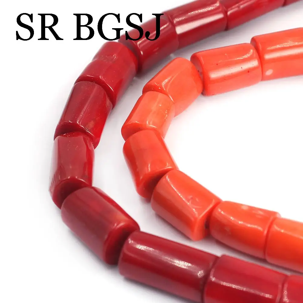 

10-11x14-16mm Red / Orange Column 100% Real Genuine Natural Coral Large Beads Strand 15"